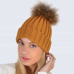 Caramel Brown Fur Pom Pom Bobble Beanie Hat